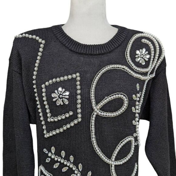 Victoria Harbour Black Sweater Pearl Beaded Embellished Shoulder Pads Size S - Picture 2 of 8